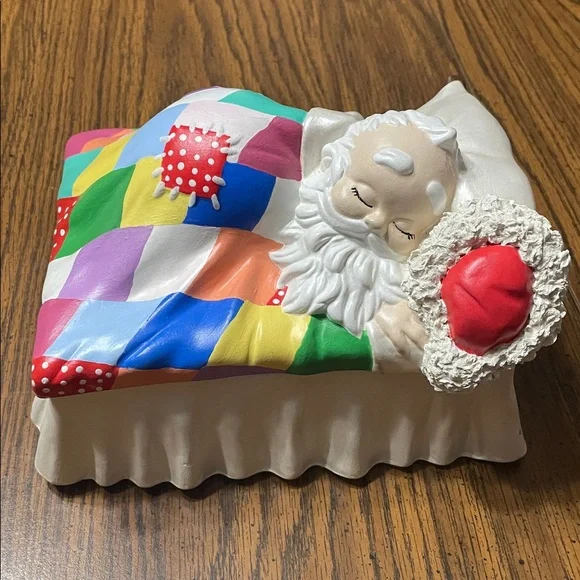 Ceramic Santa Sleeping Under Colorful Quilt Trinket Box with Removable Lid - Picture 1 of 7